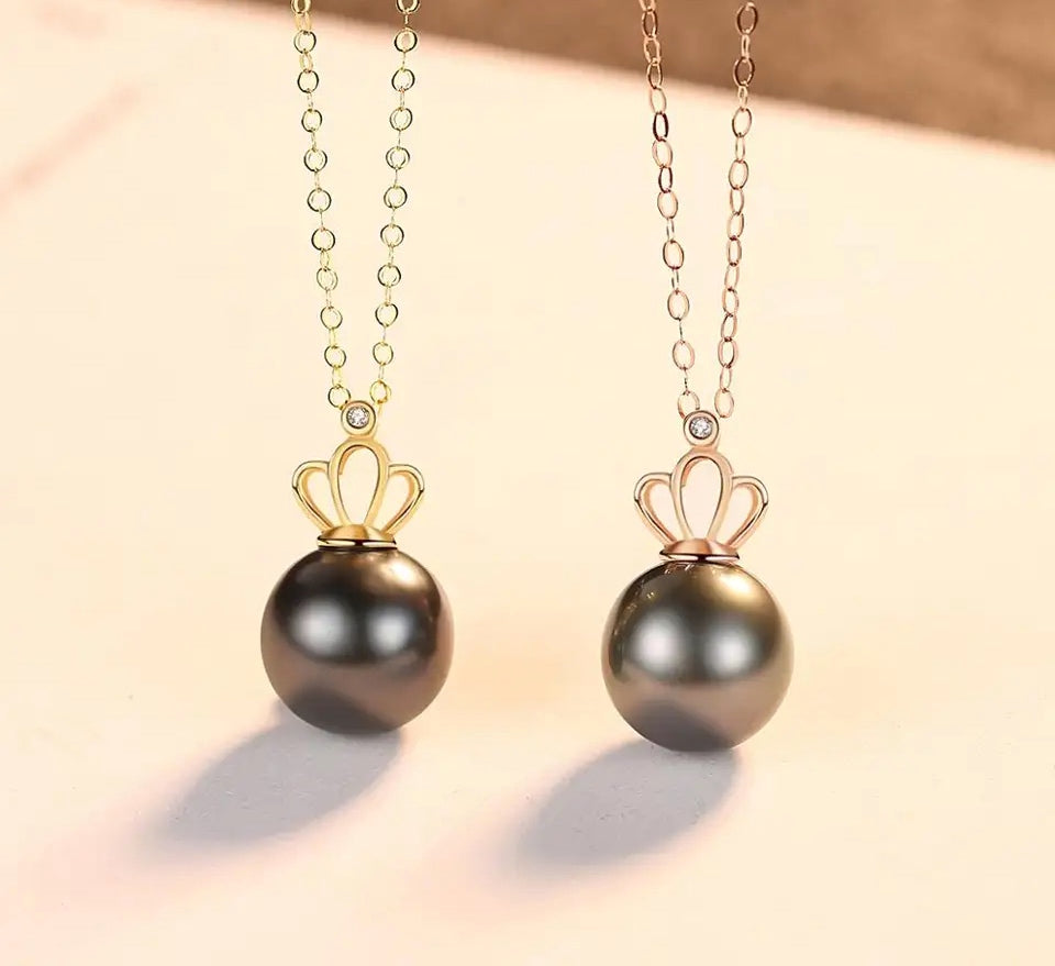 Graceful Crown Black Pearl Pendant Necklace Real 18K Gold Jewelry for Party Anniversary