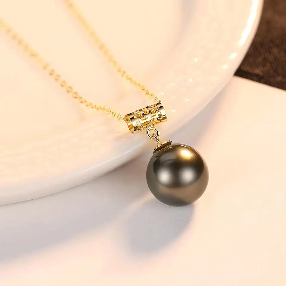 Gold Chain Pendant Necklace Black Pearl Real 18K Gold Jewelry for Party Anniversary