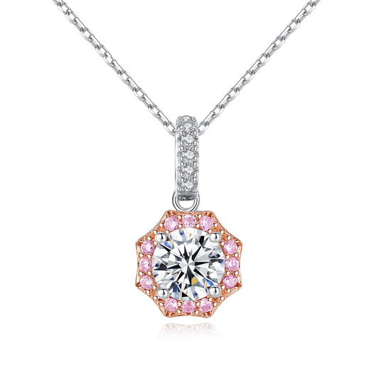 Fancy Colorful Flower Shaped 925 Silver Pendant Necklace Mounting Clear-pink CZ Stone For Women Party Gift