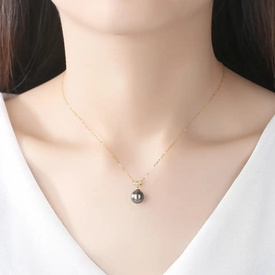 Gold Chain Pendant Necklace Black Pearl Real 18K Gold Jewelry for Party Anniversary