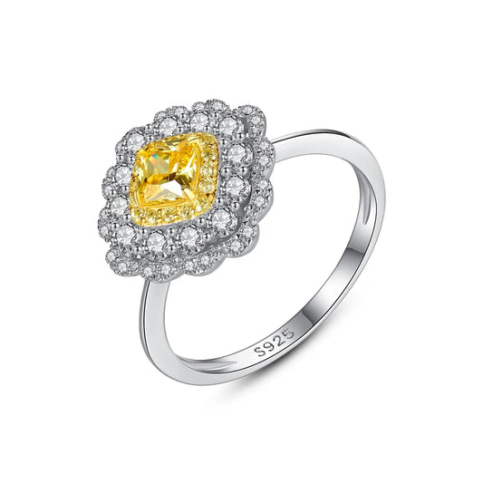 Silver Gemstone Engagement Sterling Woman 925 Micro Unique Pave Crystal Gem Yellow Diamond Ring