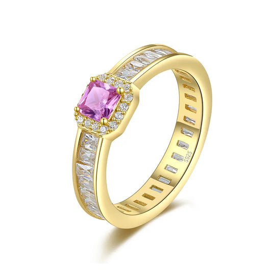 Pink Crystal Stone Gold Plated Sterling Silver Ring with Gemstone for Girl Ring